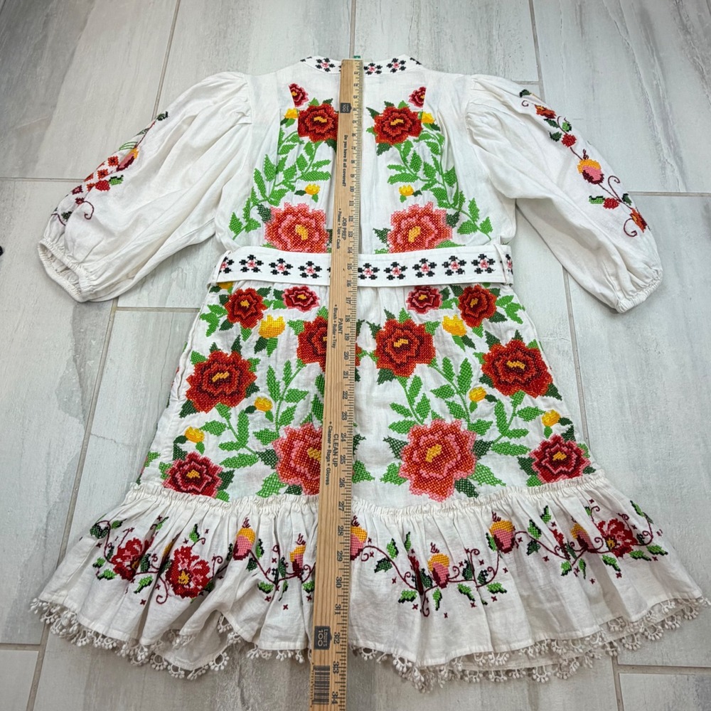 Farm Rio Cross Stitch Floral Linen Blend Mini Dress White Red Size S 318237 - Picture 6 of 9
